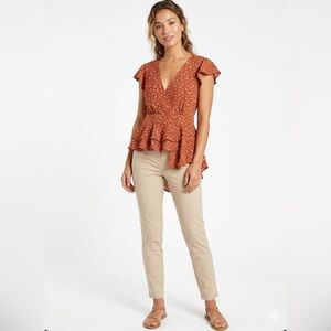 Papaya Burnt Orange Polka Dot High Low Peplum Ruffle Top Size L EUC
